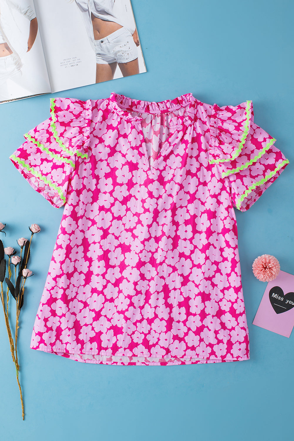 Capri Floral Ric Rac Ruffle Sleeve Blouse