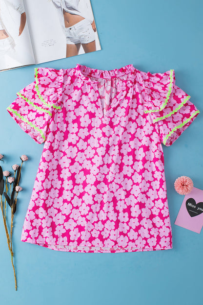 Capri Floral Ric Rac Ruffle Sleeve Blouse