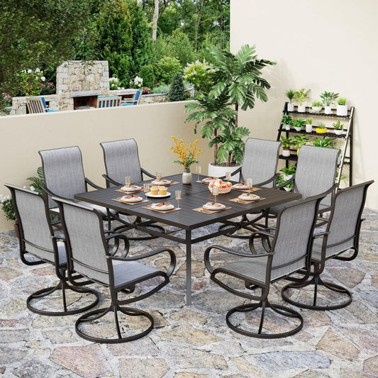 9 Piece Outdoor Patio Dining Set, Large Square Metal Dining Table and 8 Outdoor Swivel Dining Chairs, Patio Table and Gray Chair Furniture Dining Set for 8 Person ShipItFurniture