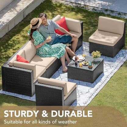 7 Pieces Outdoor Sectional Sofa Patio Furniture Sets Manual Weaving Wicker Rattan Patio Conversation Sets with Cushion and Glass Table (Beige)-1