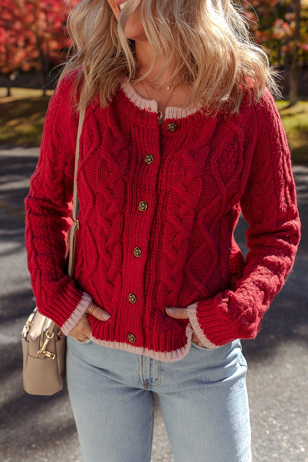Kennedy Cable Knit Buttoned Cardigan Threaded Pear
