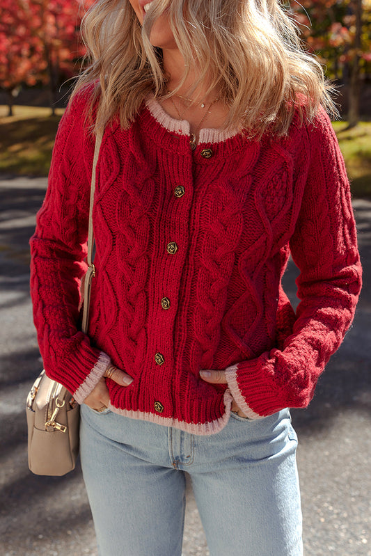 Kennedy Cable Knit Buttoned Cardigan Threaded Pear