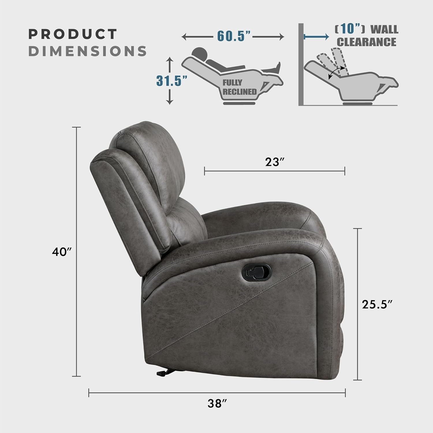 Grey Rocker Recliner Chair With Manual Recline Living Room ShipItFurniture