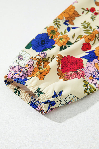 Apricot Ruffled Shoulder Long Sleeve Floral Blouse