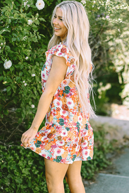 August Floral Print Split Neck Flutter Sleeve Dress