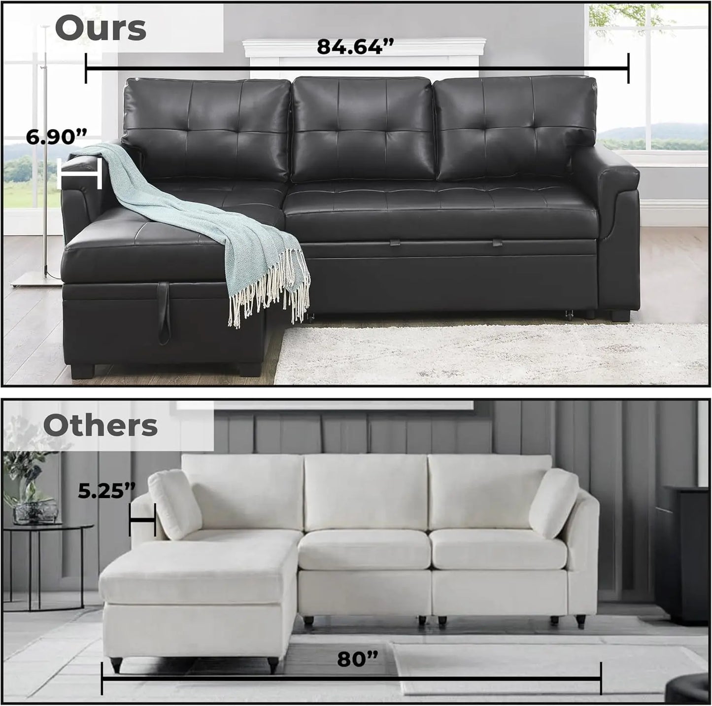 Jenny Sectional Sleeper Sofa With Storage Chaise In Black Air Leather ShipItFurniture