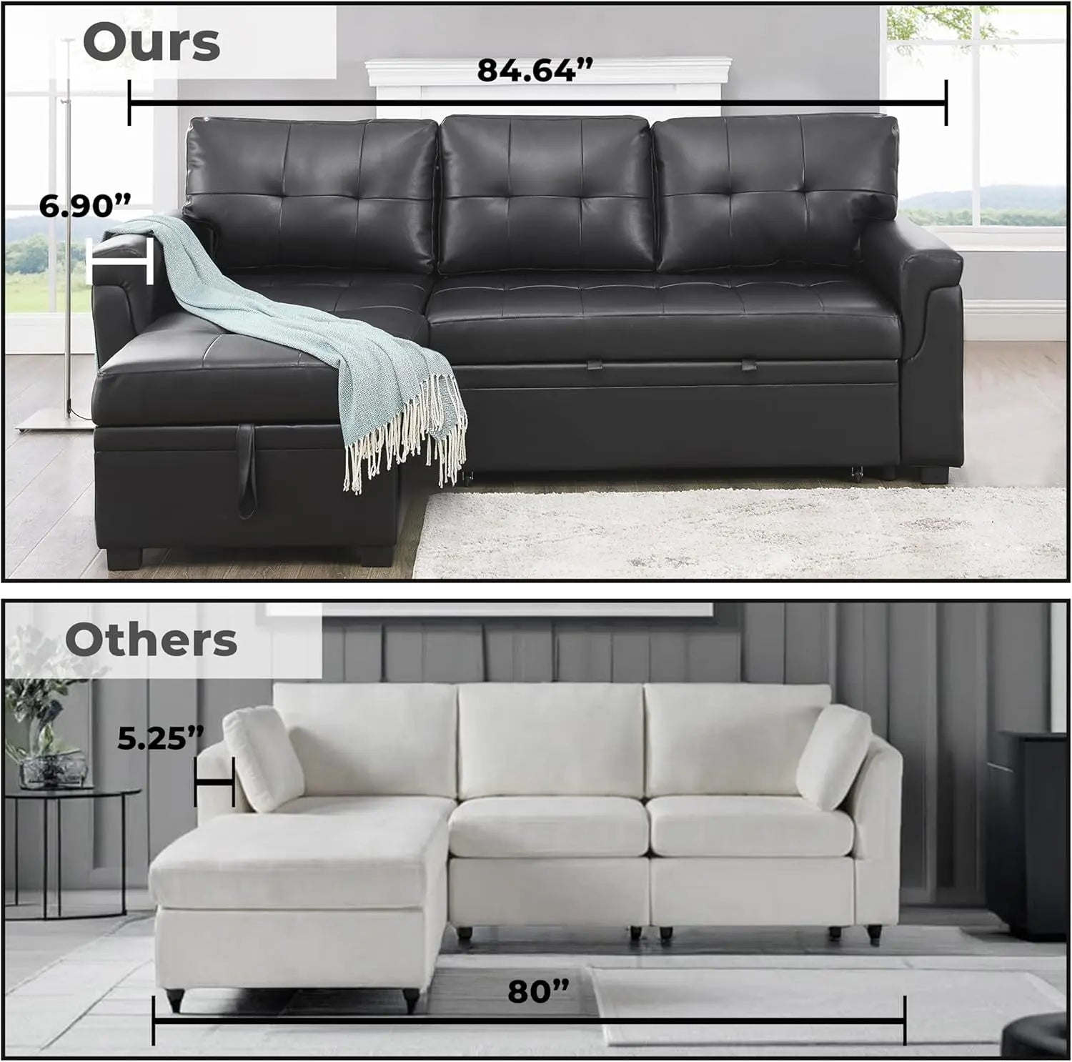 Jenny Sectional Sleeper Sofa With Storage Chaise In Black Air Leather ShipItFurniture