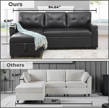Jenny Sectional Sleeper Sofa With Storage Chaise In Black Air Leather ShipItFurniture