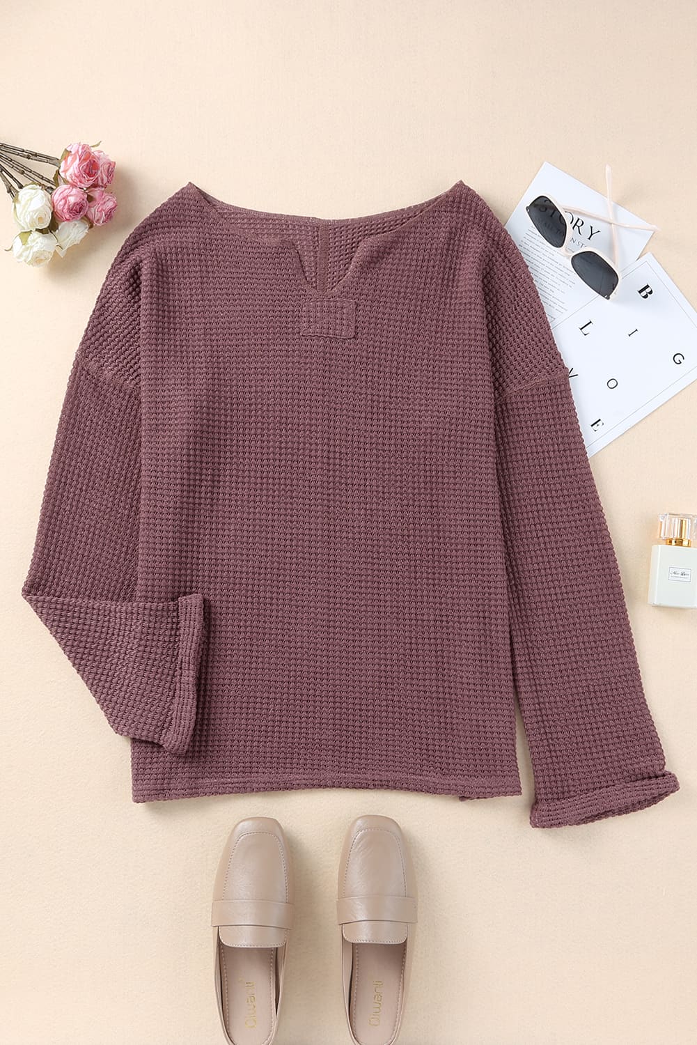 Evelyn Waffle Knit Loose Long Sleeve Top