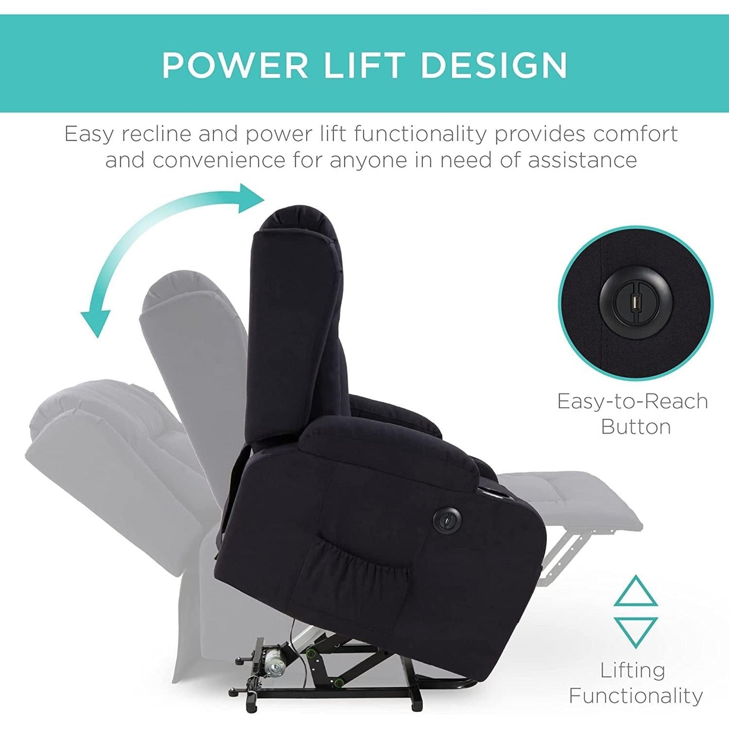 Electric Power Lift Linen Recliner Massage Chair Black ShipItFurniture