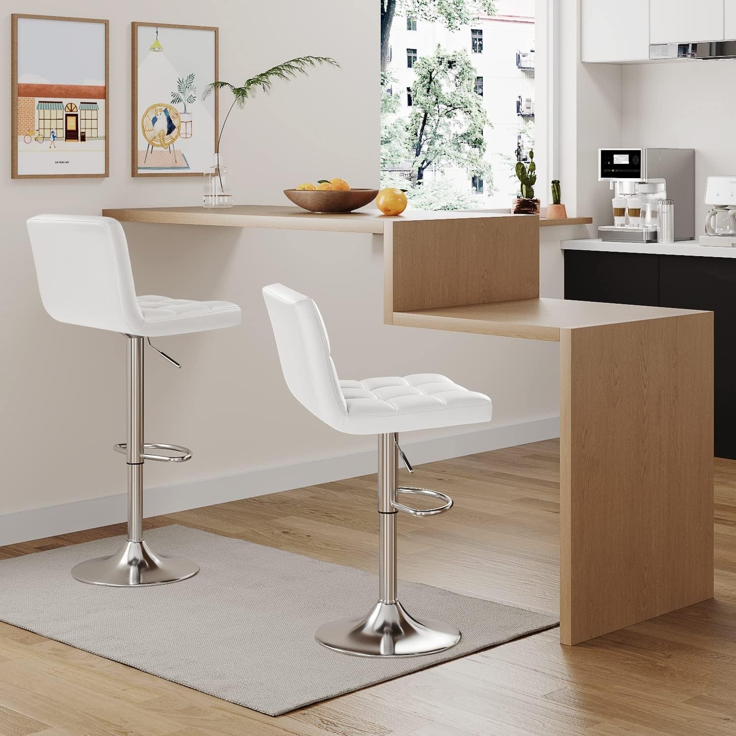 Bar Stools Modern Pu Leather Swivel Adjustable Hydraulic Bar Stool Square Counter Height Stool Set of 2 (White) ShipItFurniture