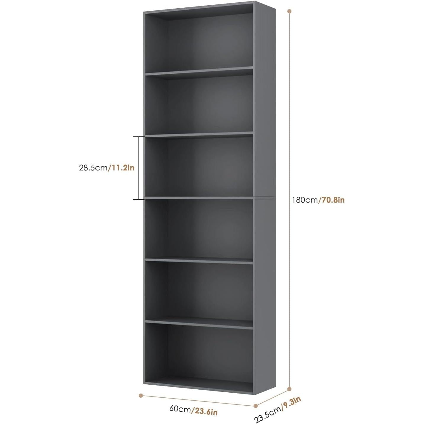 Six Tier Open Bookcase Freestanding Dark Gray Storage ShipItFurniture
