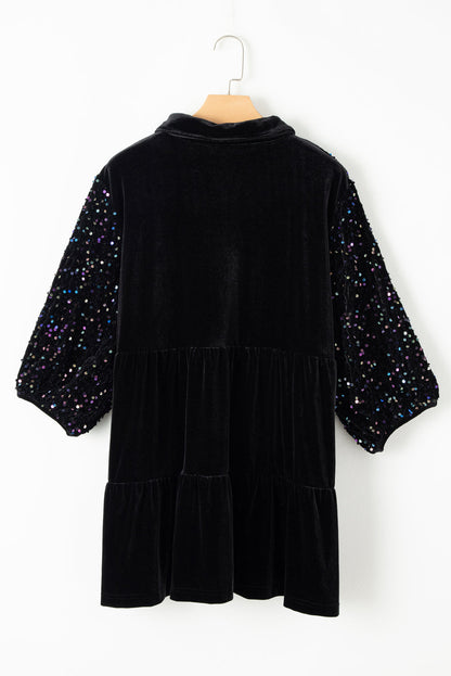Black Sequin Puff Sleeve Buttoned Velvet Peplum Shirt
