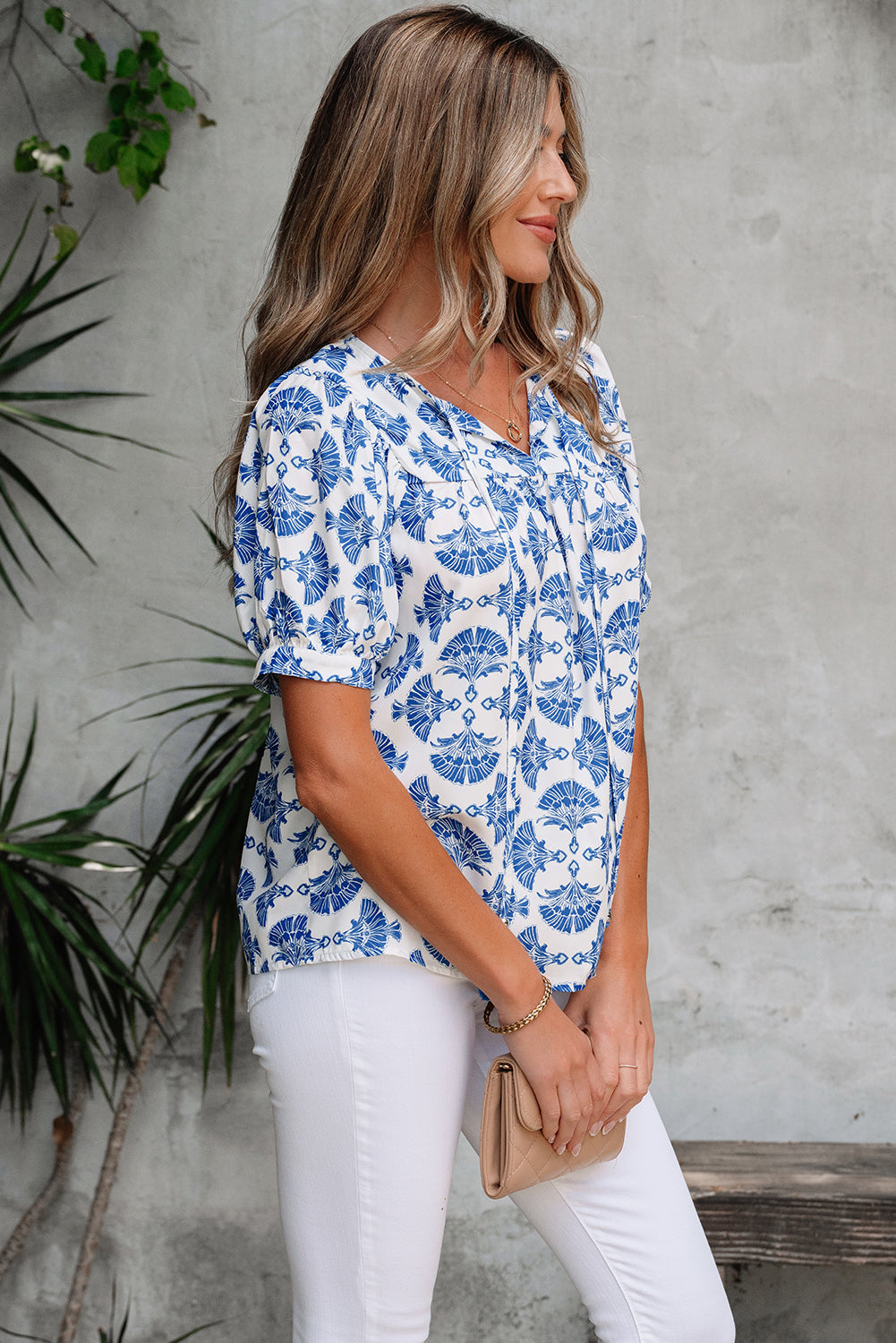 Grace Geometric Tassel Drawstring V Neck Blouse Threaded Pear