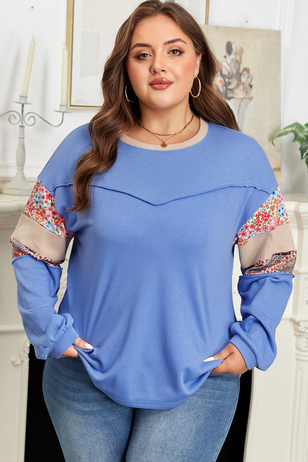 Khaki Exposed Seam Floral Mixed Patchwork Relaxed Plus Size Top