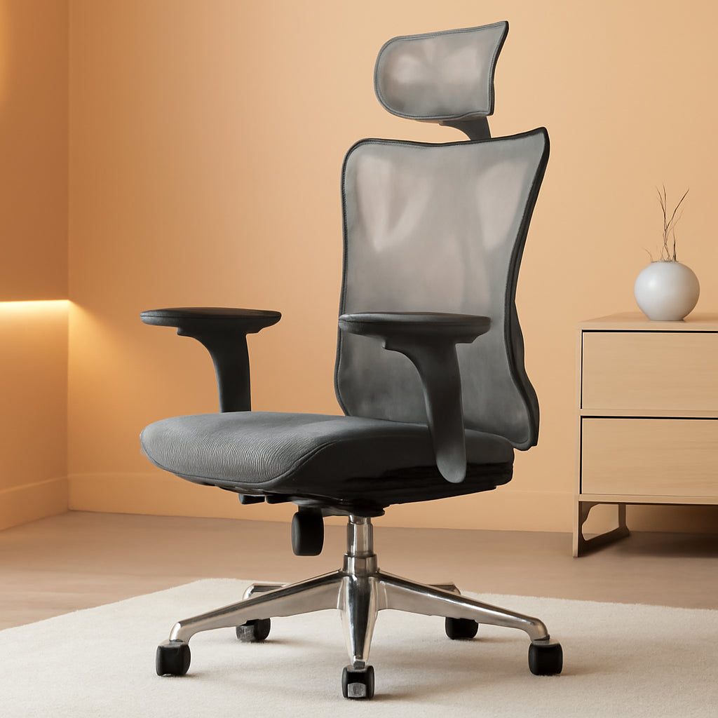 Grey Ergonomic Office Chair With Adjustable Headrest