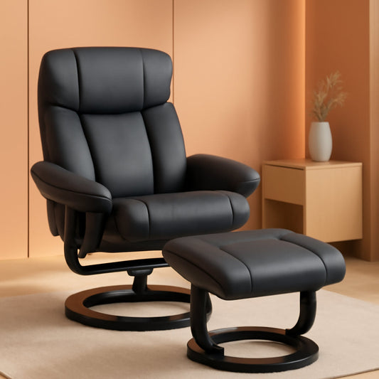 PU Leather Massage Recliner Chair With Ottoman Black Swivel ShipItFurniture