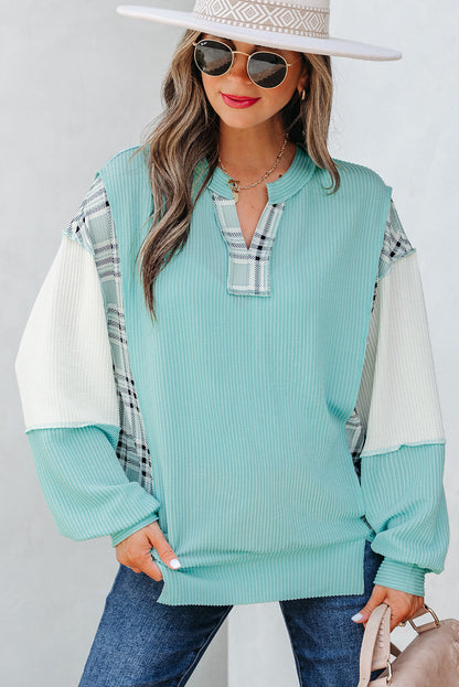 Maddie Texture Colorblock Patchwork Long Sleeve PLUS Top