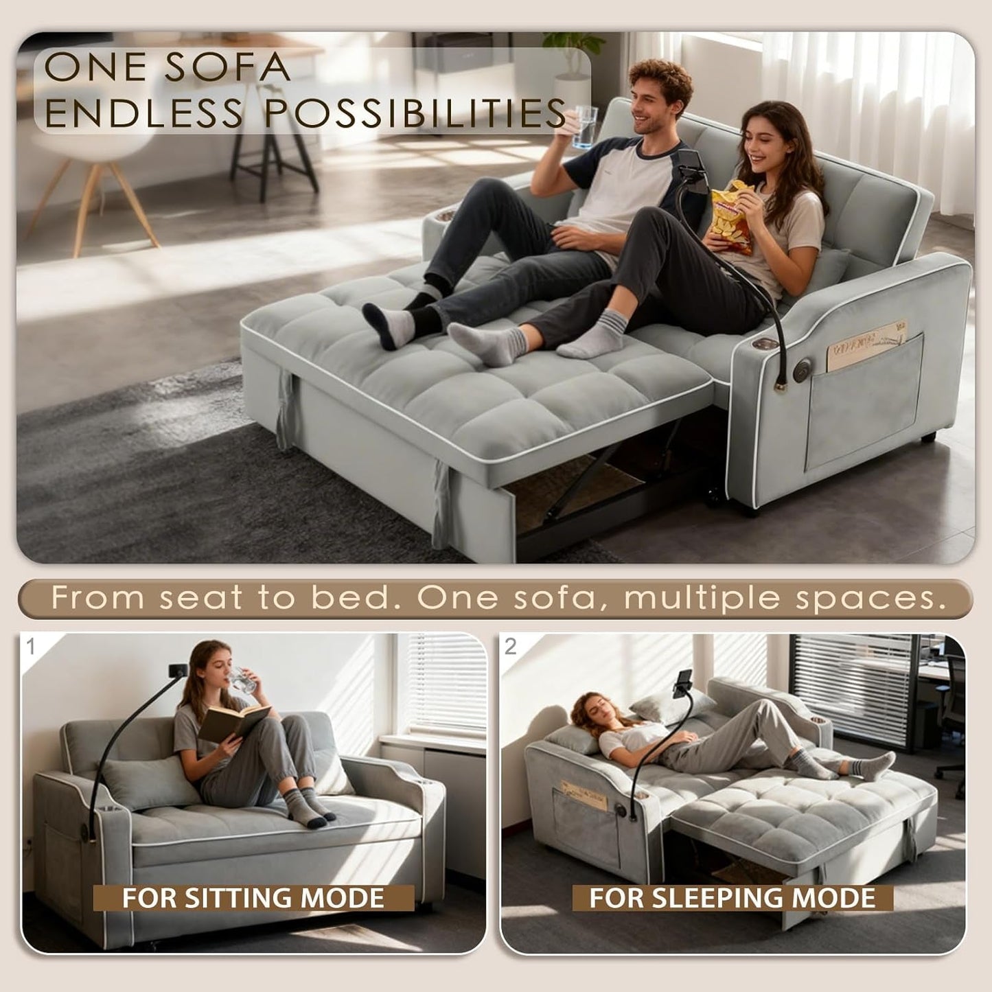 Grey Convertible Sleeper Loveseat Bed With ThreeInOne ShipItFurniture