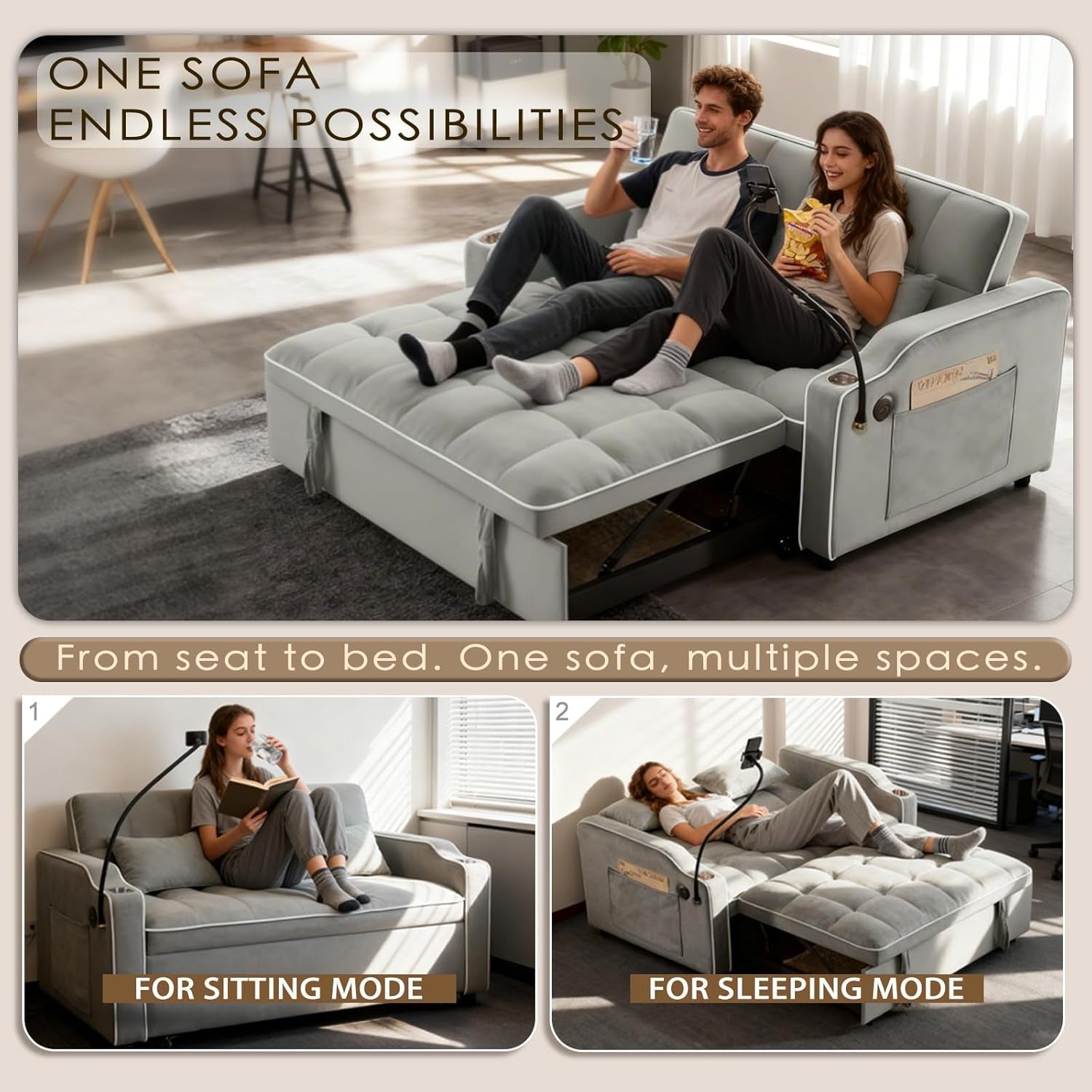 Grey Convertible Sleeper Loveseat Bed With ThreeInOne ShipItFurniture