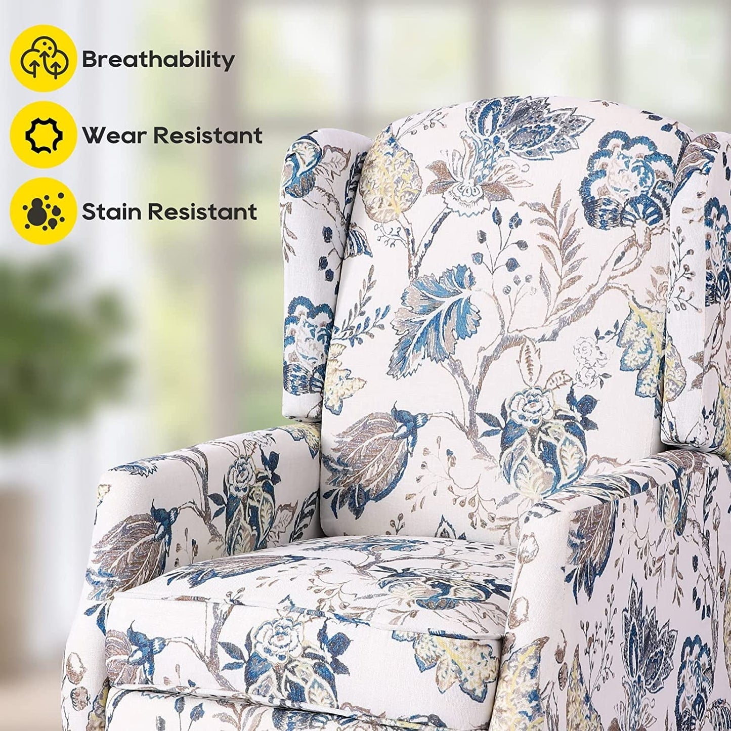 Upholstered Wingback Recliner Chair Blue Floral Elegant ShipItFurniture