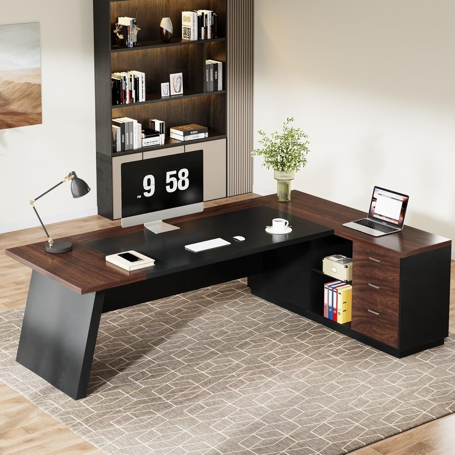 78 Inch L Shaped Executive Desk Walnut Black For Home Office ShipItFurniture