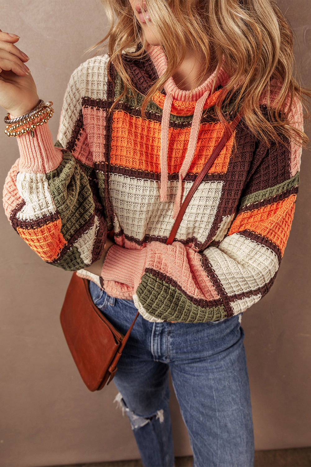 Zoey Waffle Knit Drawstring Mock Neck Sweater Threaded Pear