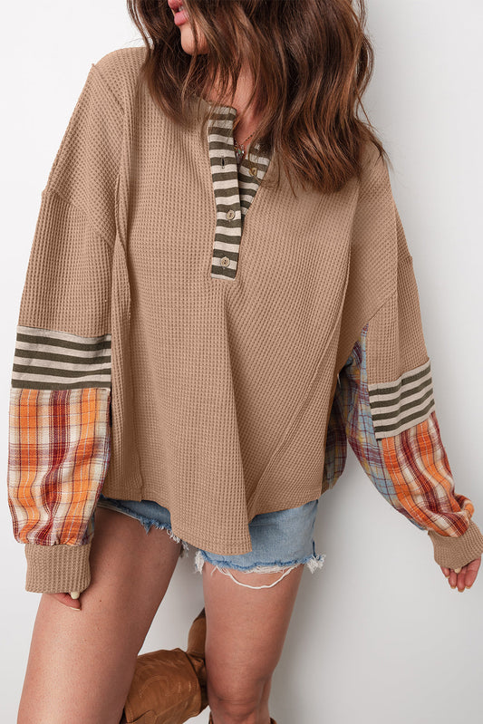 Aaliyah Waffle Stripe Plaid Patchwork Henley Knit Top Threaded Pear