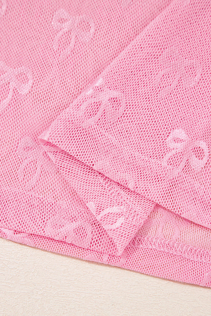 Pink Plus Size Bow Embroidered Mesh Long Sleeve Top