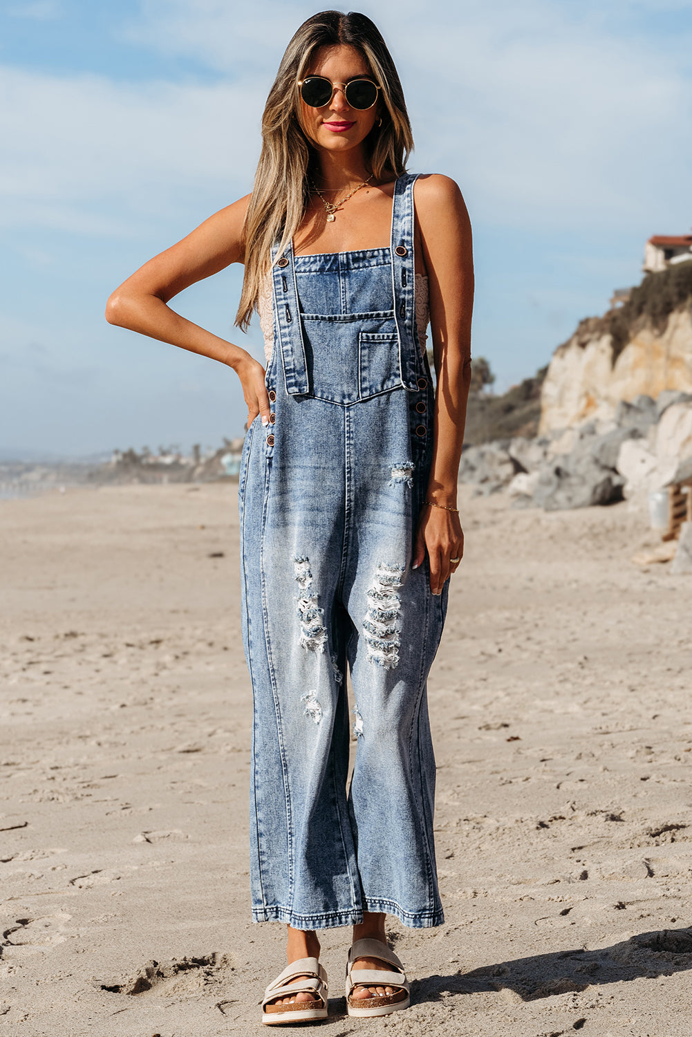 Baylor Distressed Bib Pocket Wide Leg Denim Overall