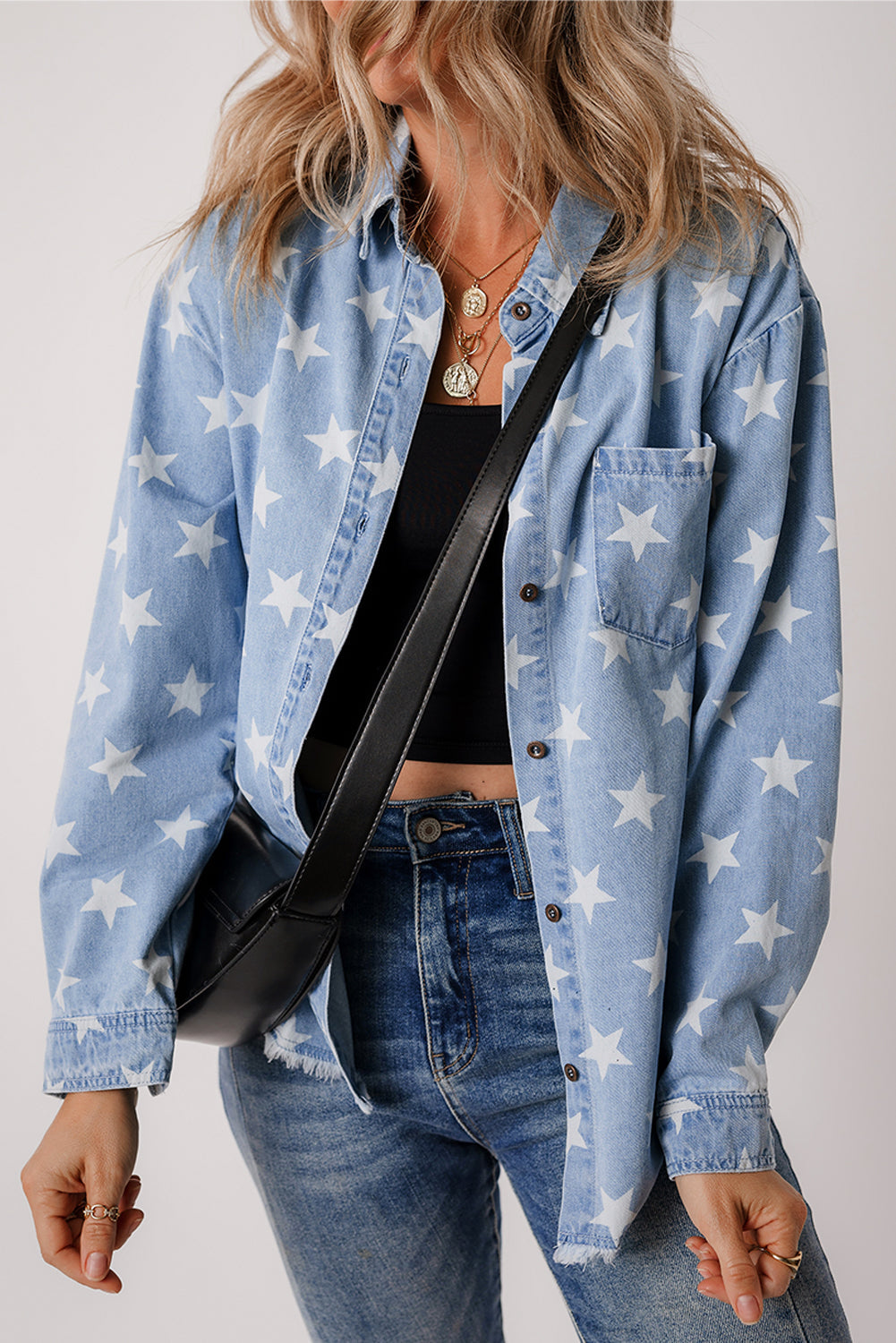 Star Light Wash Raw Hem Denim Jacket