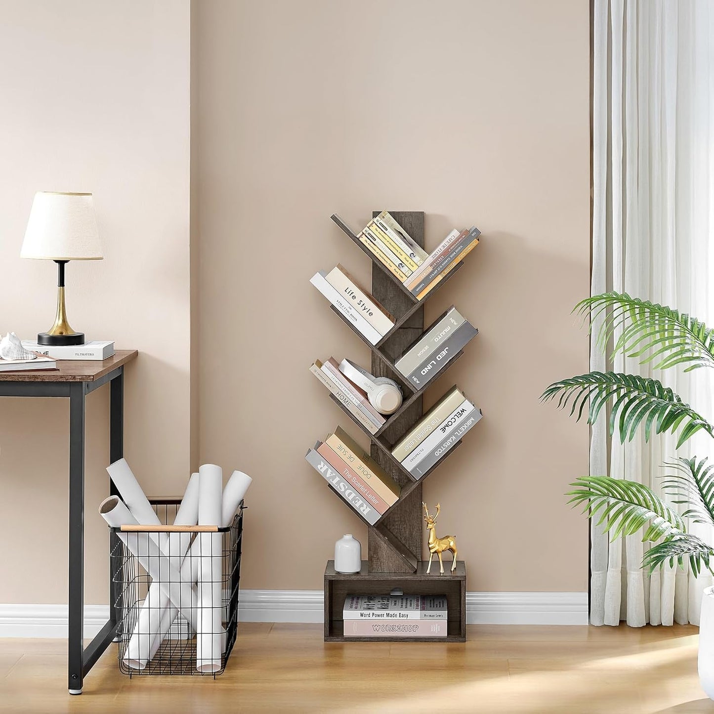 6 Tier Tree Bookshelf Bookcase With Drawer Grey Office ShipItFurniture