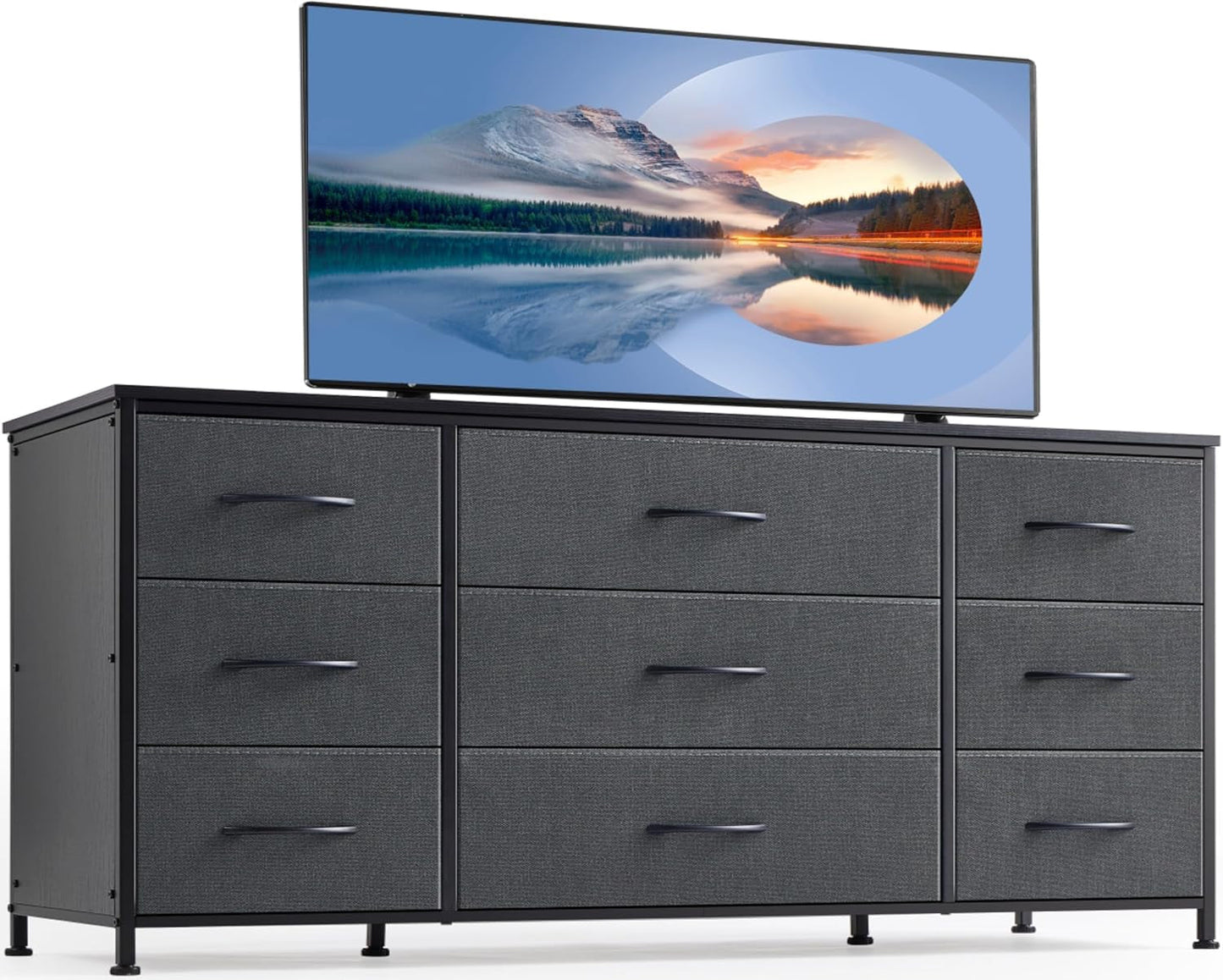 Dresser, Dresser for Bedroom with 9 Drawers, Wide Dresser TV Stand for 55” TV Stand for Bedroom Dresser Long Dressers & Chests of Drawers, Metal Frame&Wood Top, Closet, Hallway, Grey ShipItFurniture