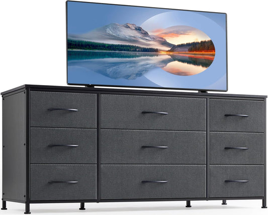 Dresser, Dresser for Bedroom with 9 Drawers, Wide Dresser TV Stand for 55” TV Stand for Bedroom Dresser Long Dressers & Chests of Drawers, Metal Frame&Wood Top, Closet, Hallway, Grey ShipItFurniture