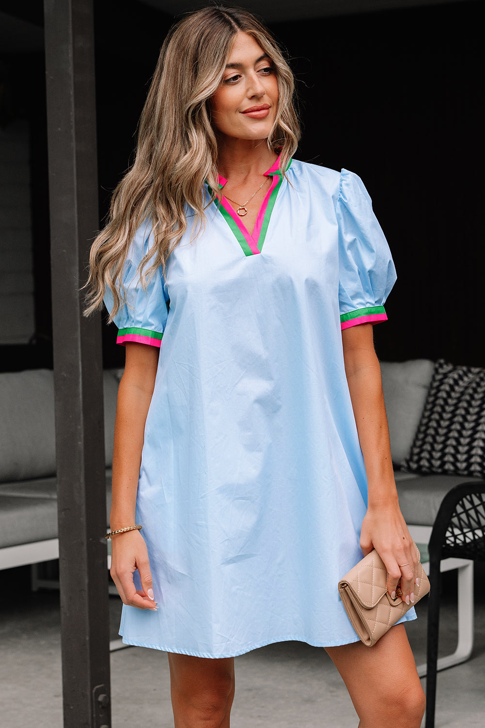 Lily Striped Notched V Neck Puff Sleeve Mini Dress Threaded Pear