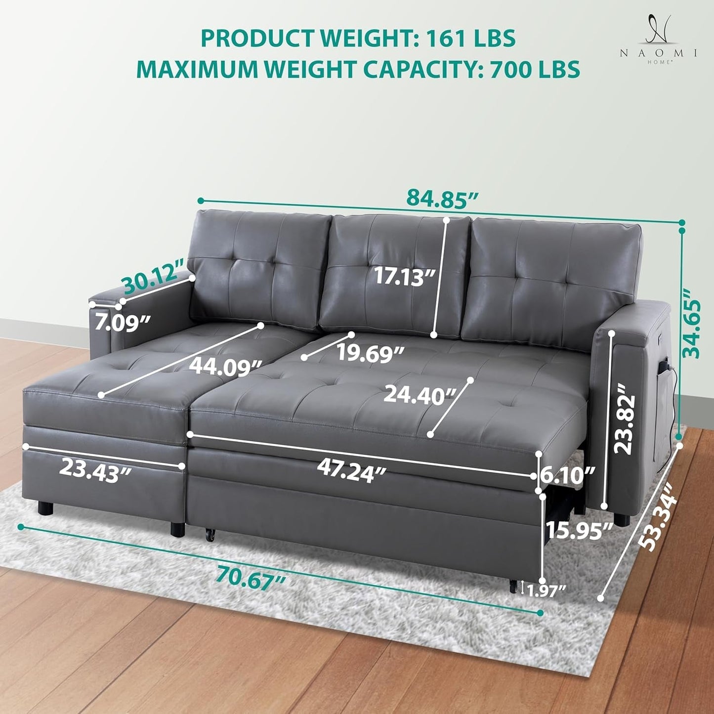 L Shaped Sectional Sleeper Sofa With USB Ports Gray Leather ShipItFurniture