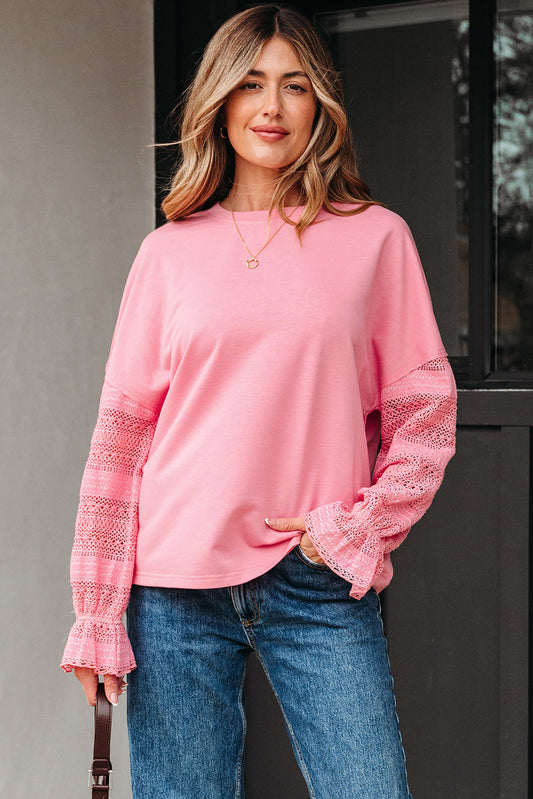 Brielle Lace Ruffled Sleeve Patchwork Loose Sweatshirt - Get it from Bo