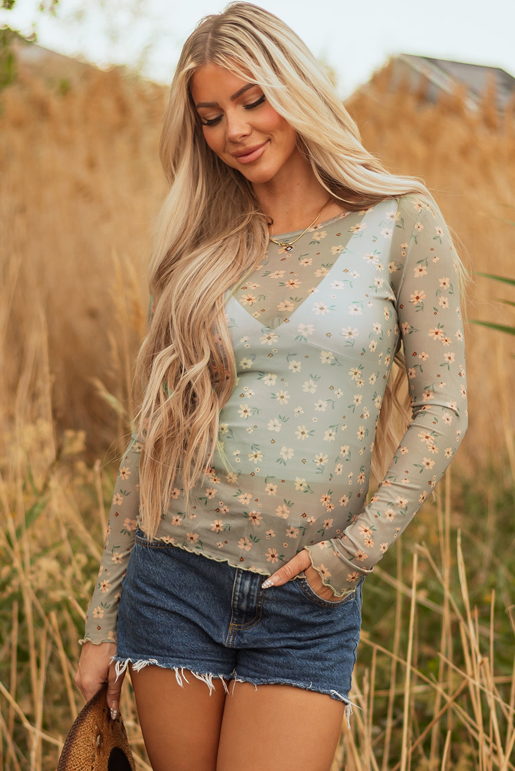 Amber Vintage Floral Mesh Long Sleeve Top