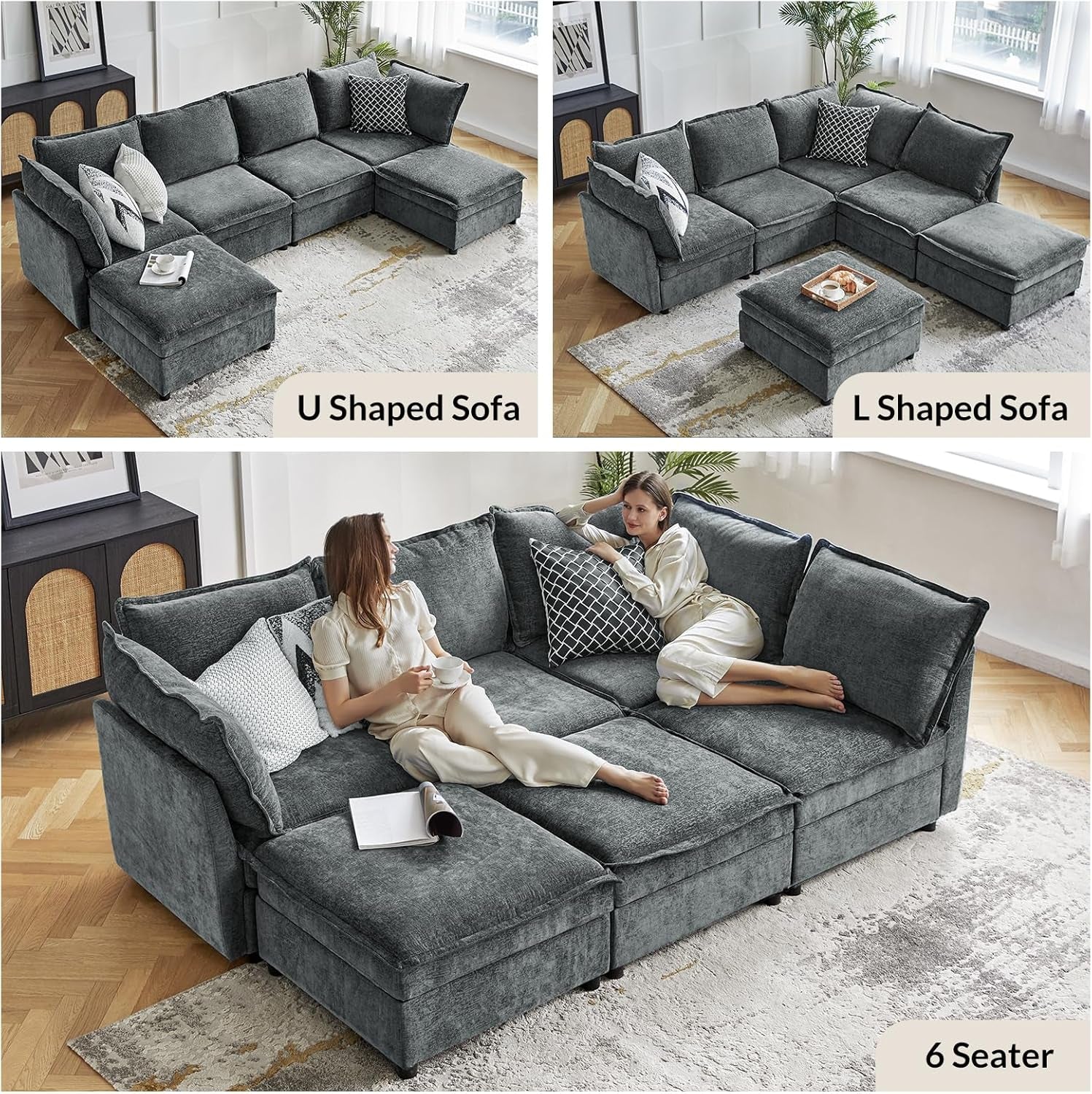 127 Inch Grey Modular Sectional Sofa With Storage Ottoman ShipItFurniture
