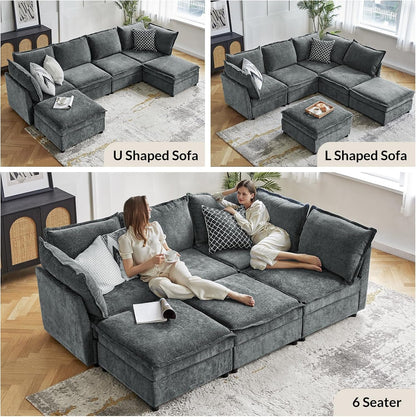127 Inch Grey Modular Sectional Sofa With Storage Ottoman ShipItFurniture
