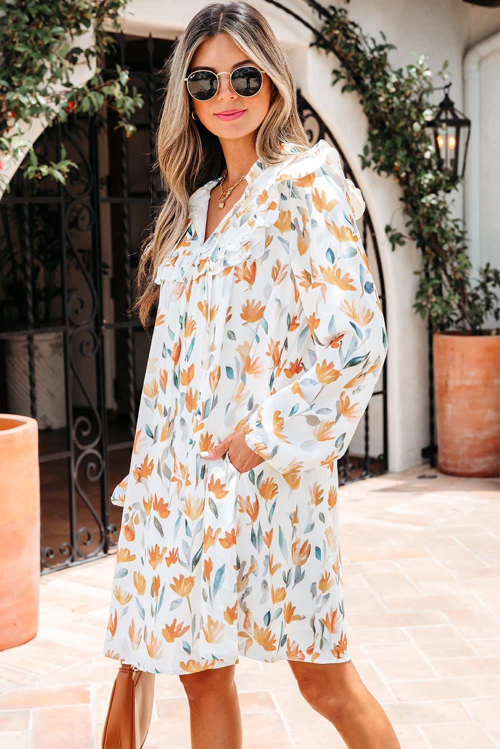 Katherine Floral Tie Neck Frilled Long Sleeve Dress Threaded Pear