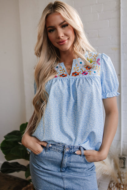Kenzie Floral Embroidered Puff Sleeve Blouse