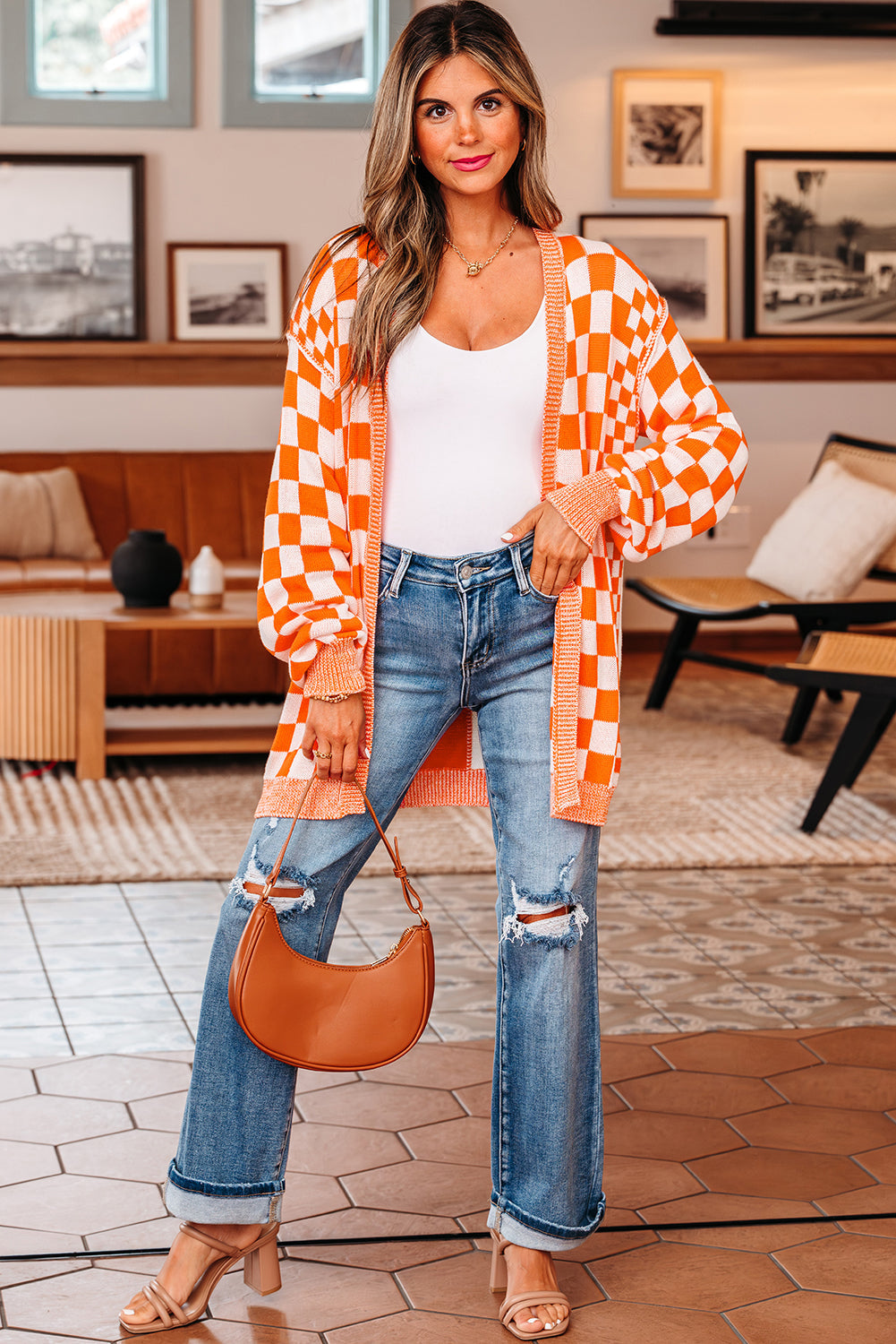 Wrenley Checkered Open Front Drop Shoulder Cardigan Threaded Pear