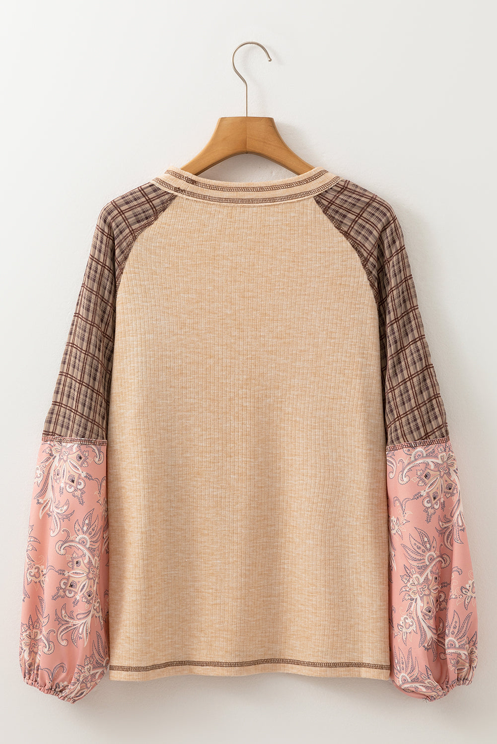 Elena Raglan Sleeve Ribbed Knit Patchwork Blouse Threaded Pear