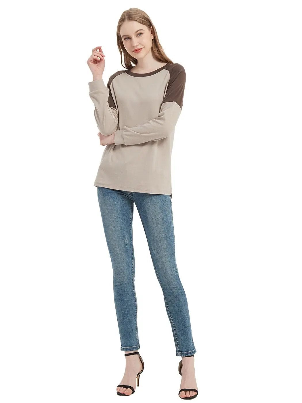 Casual Crewneck Sweatshirts Long Sleeve Color Block Blouses Side Slit Pullover Tops - Get it from Bo