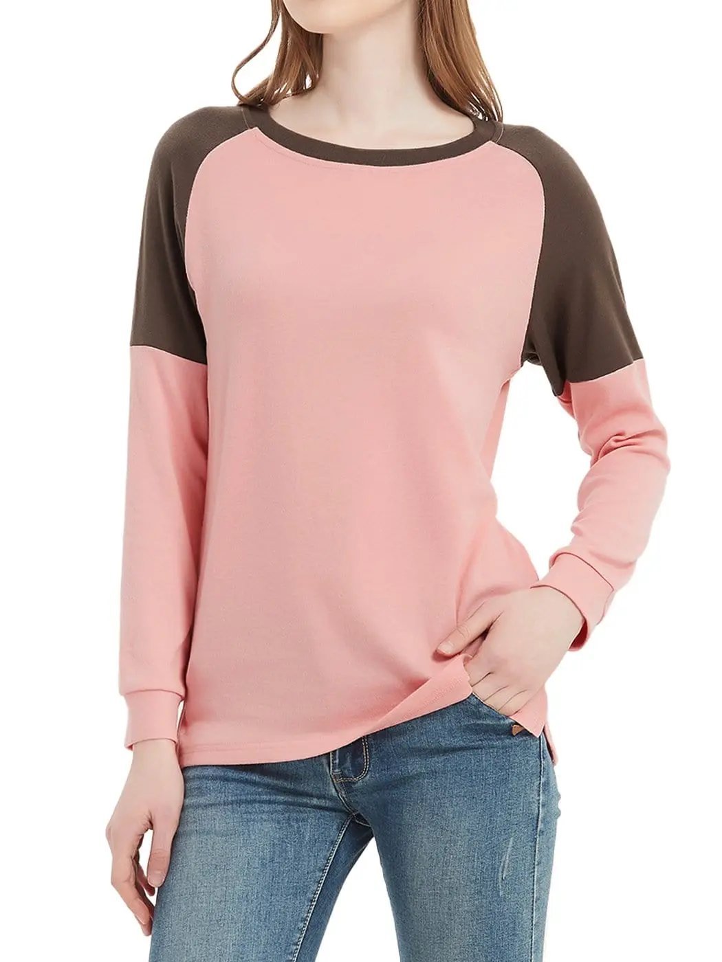 Casual Crewneck Sweatshirts Long Sleeve Color Block Blouses Side Slit Pullover Tops - Get it from Bo