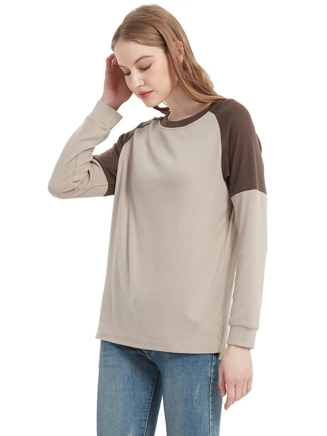 Casual Crewneck Sweatshirts Long Sleeve Color Block Blouses Side Slit Pullover Tops - Get it from Bo