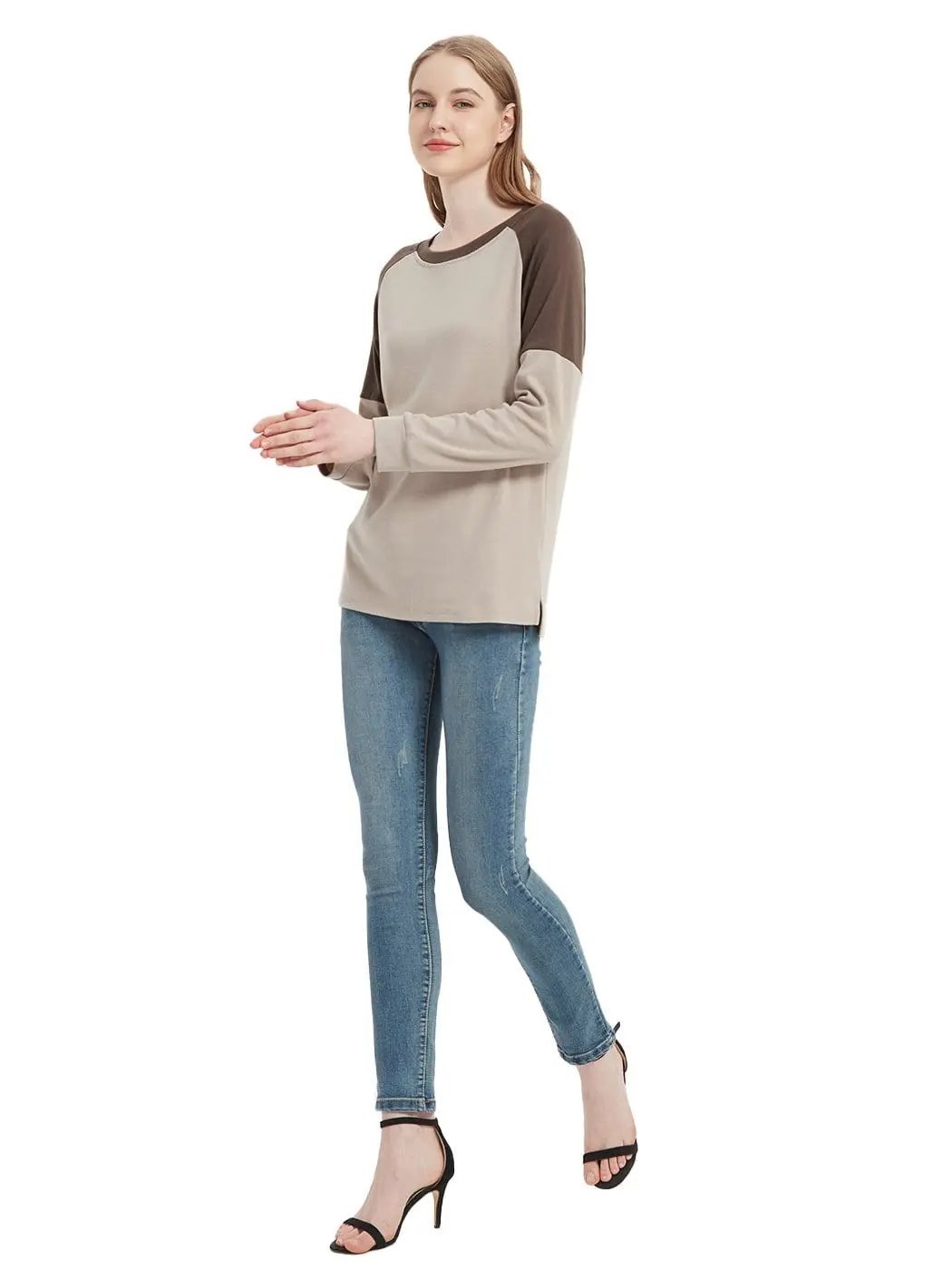 Casual Crewneck Sweatshirts Long Sleeve Color Block Blouses Side Slit Pullover Tops - Get it from Bo