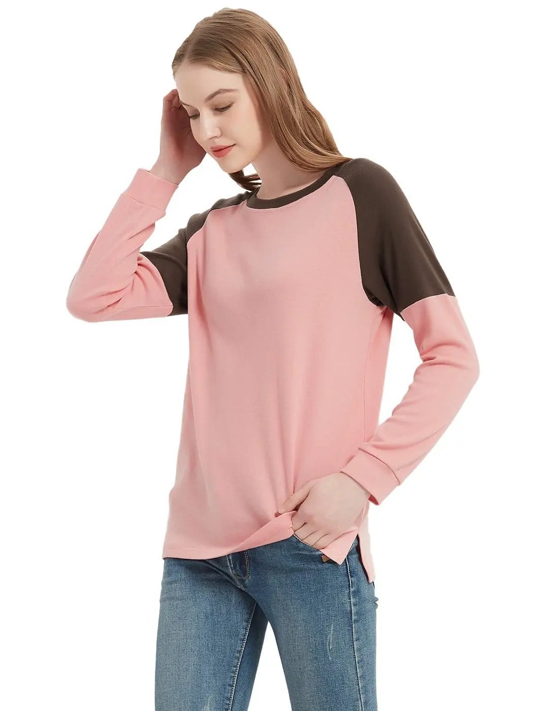 Casual Crewneck Sweatshirts Long Sleeve Color Block Blouses Side Slit Pullover Tops - Get it from Bo