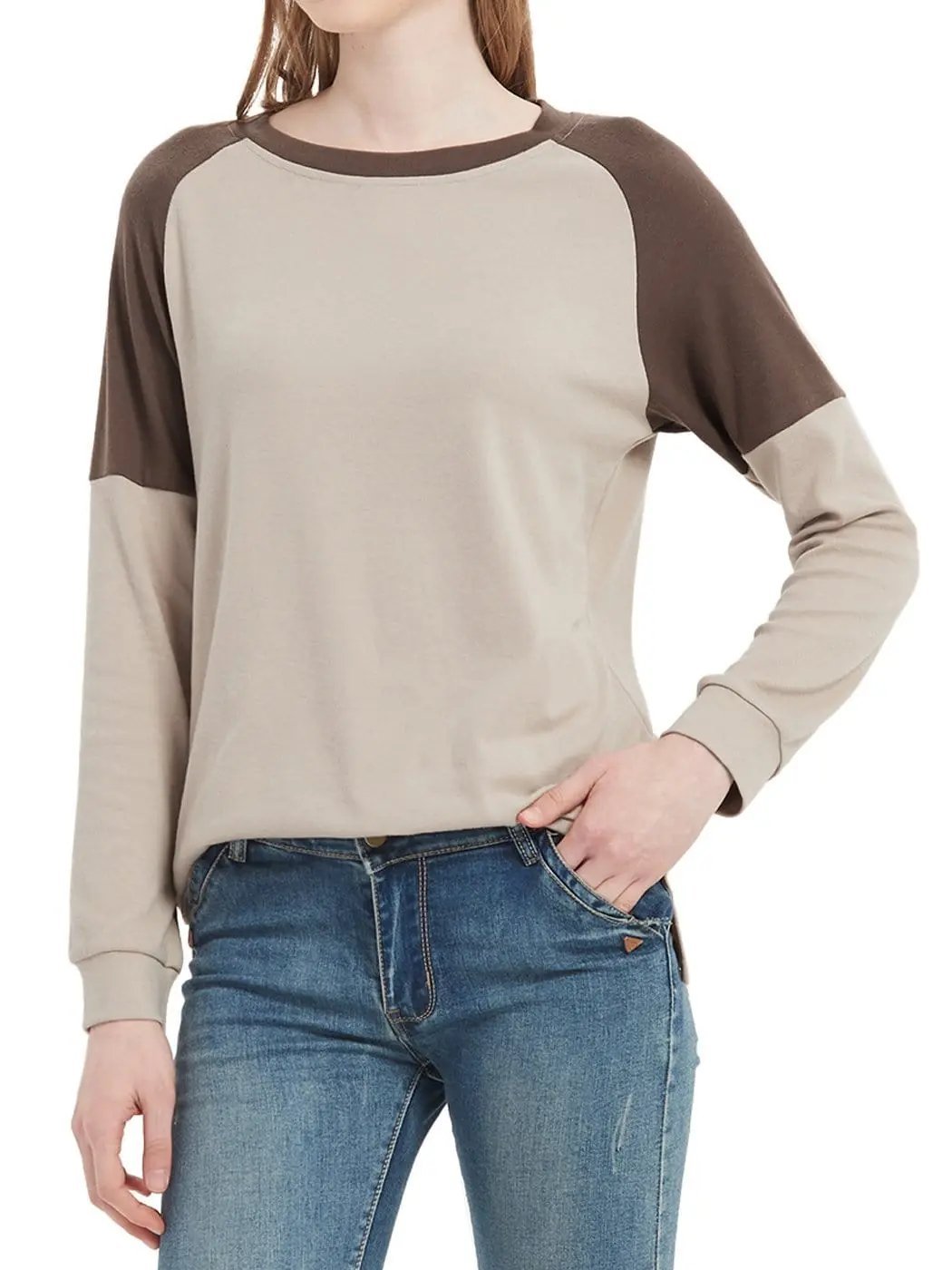 Casual Crewneck Sweatshirts Long Sleeve Color Block Blouses Side Slit Pullover Tops - Get it from Bo